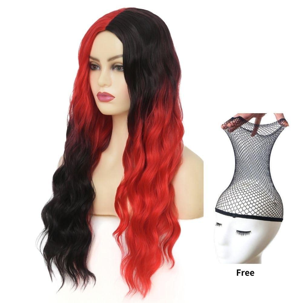imageGreen Ombre Long Wavy Women Wigs Middle Part Wigs for Women Synthetic Wig Daily Party UseBlack and Red