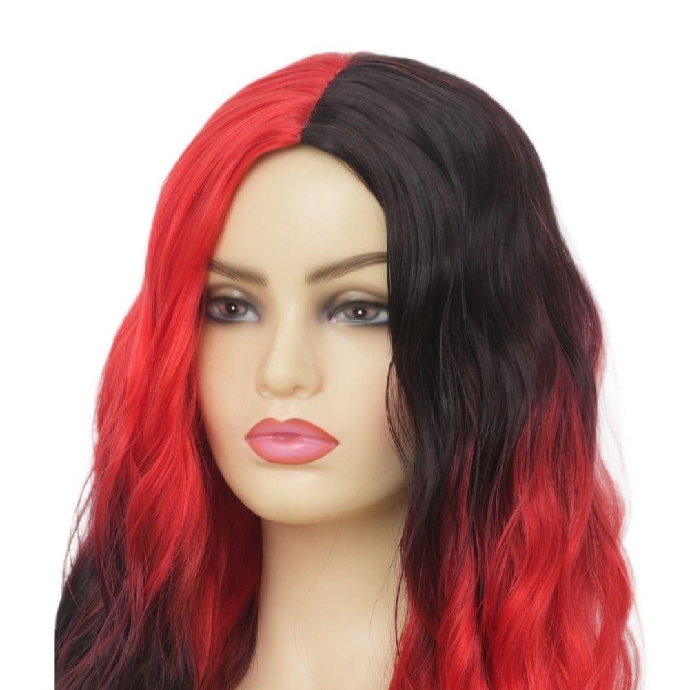imageGreen Ombre Long Wavy Women Wigs Middle Part Wigs for Women Synthetic Wig Daily Party UseBlack and Red