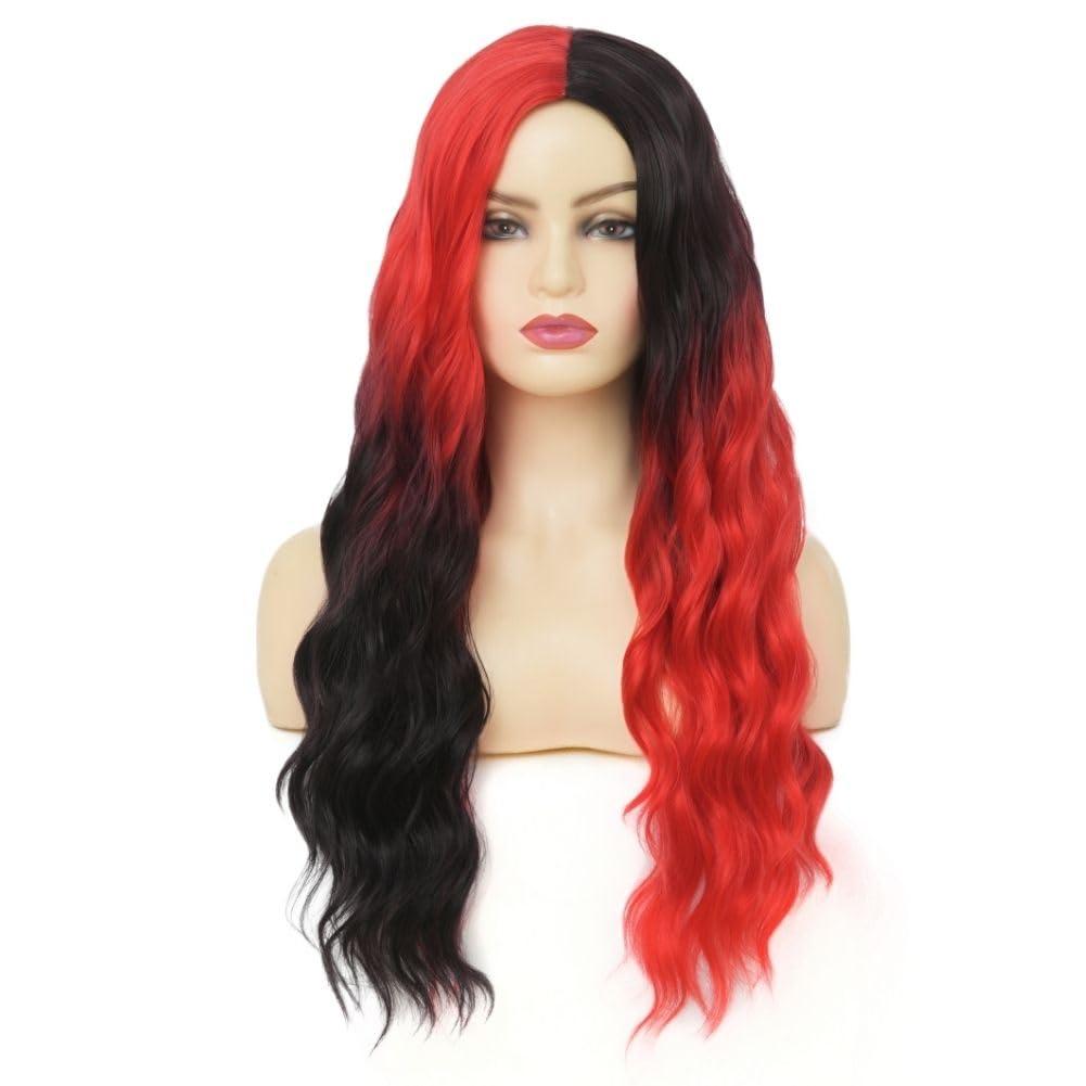 imageGreen Ombre Long Wavy Women Wigs Middle Part Wigs for Women Synthetic Wig Daily Party UseBlack and Red