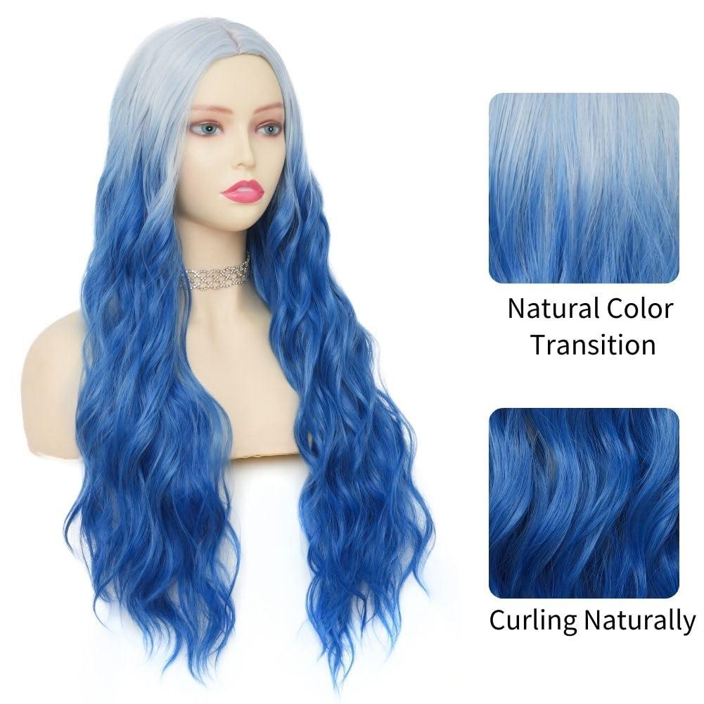 imageGreen Ombre Long Wavy Women Wigs Middle Part Wigs for Women Synthetic Wig Daily Party UseBlue
