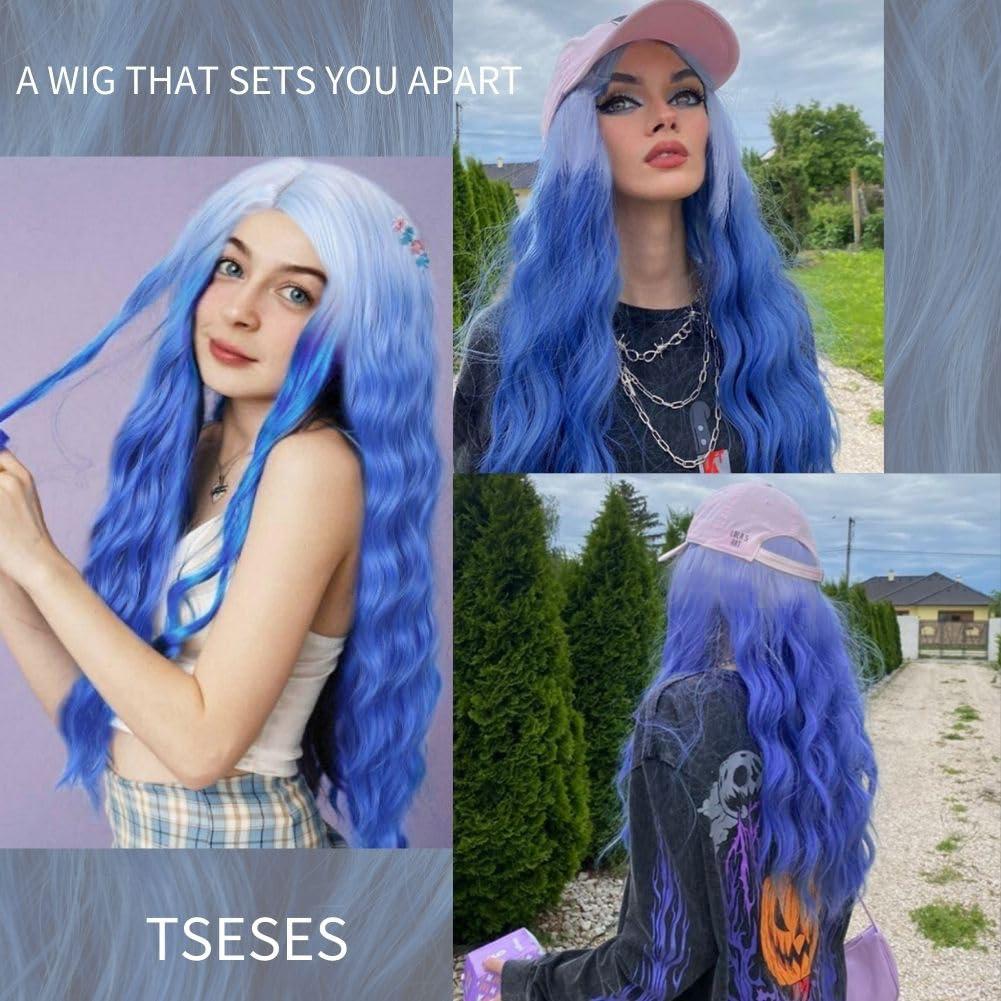 imageGreen Ombre Long Wavy Women Wigs Middle Part Wigs for Women Synthetic Wig Daily Party UseBlue