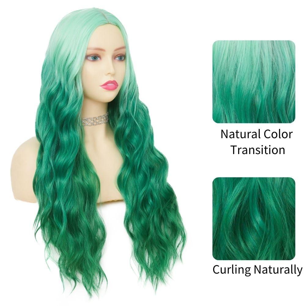 imageGreen Ombre Long Wavy Women Wigs Middle Part Wigs for Women Synthetic Wig Daily Party UseGreen
