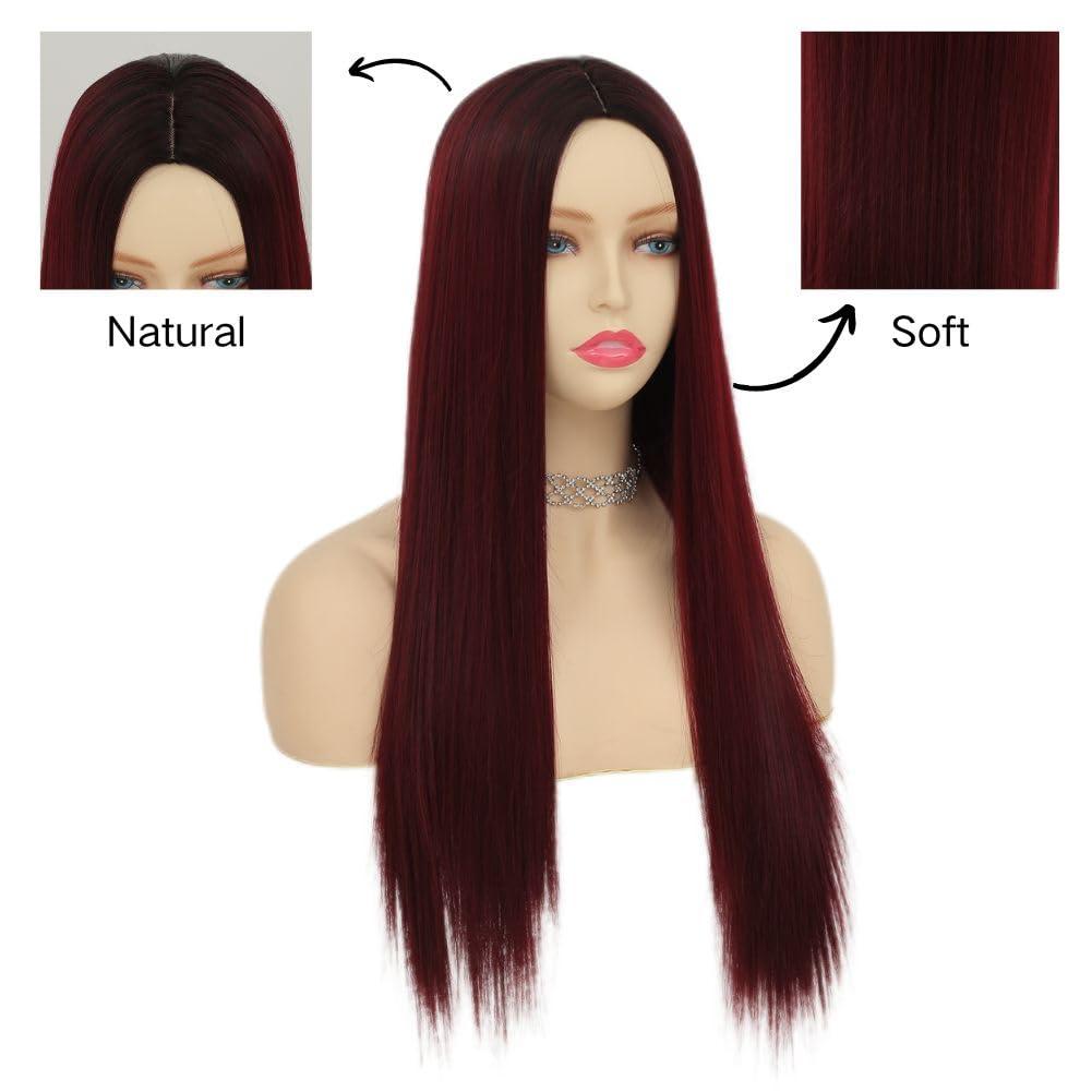 imageGreen Ombre Long Wavy Women Wigs Middle Part Wigs for Women Synthetic Wig Daily Party UseWine Red