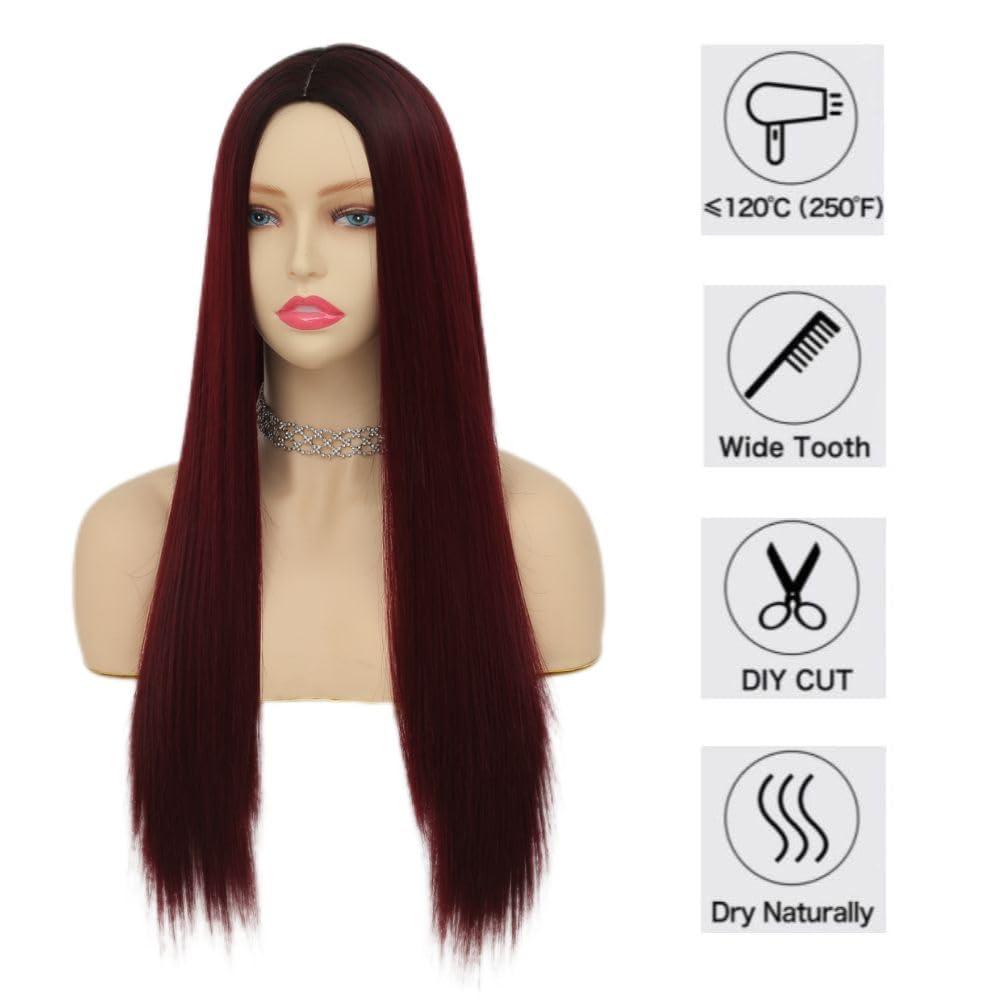 imageGreen Ombre Long Wavy Women Wigs Middle Part Wigs for Women Synthetic Wig Daily Party UseWine Red