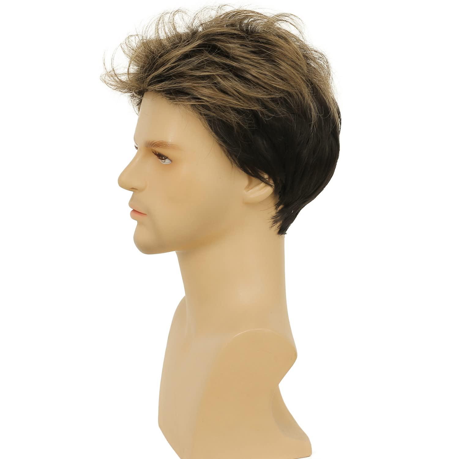 imageMens Black Wig Short Middle Part Men Wigs Natural Synthetic Hair Mens Costume WigsBlackBlonde Mix Black