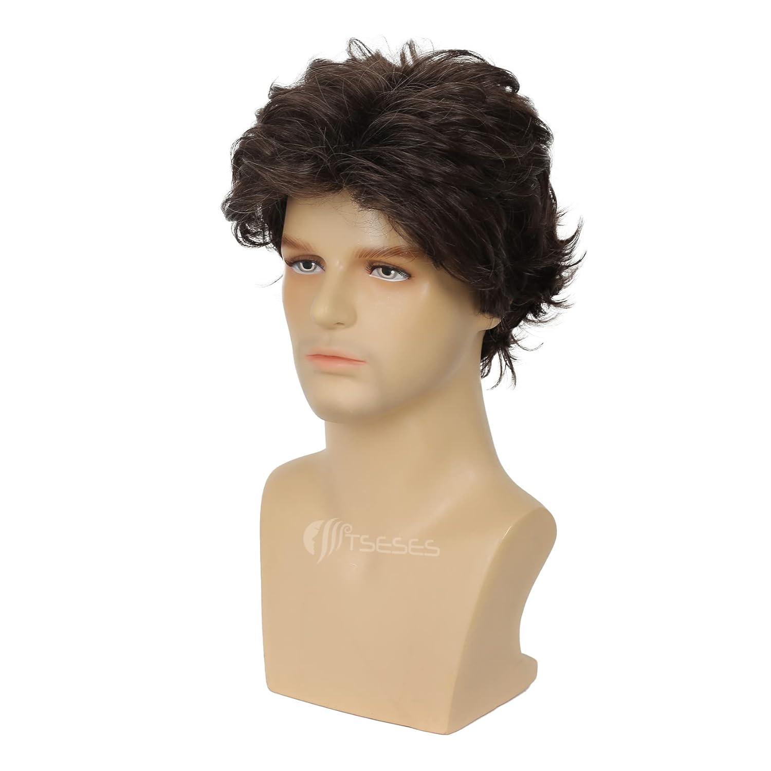 imageMens Black Wig Short Middle Part Men Wigs Natural Synthetic Hair Mens Costume WigsBlackBrown Layered