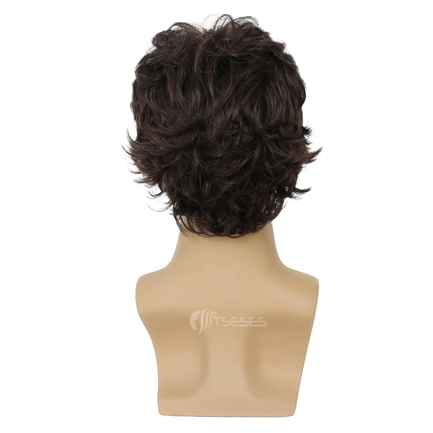 imageMens Black Wig Short Middle Part Men Wigs Natural Synthetic Hair Mens Costume WigsBlackBrown Layered