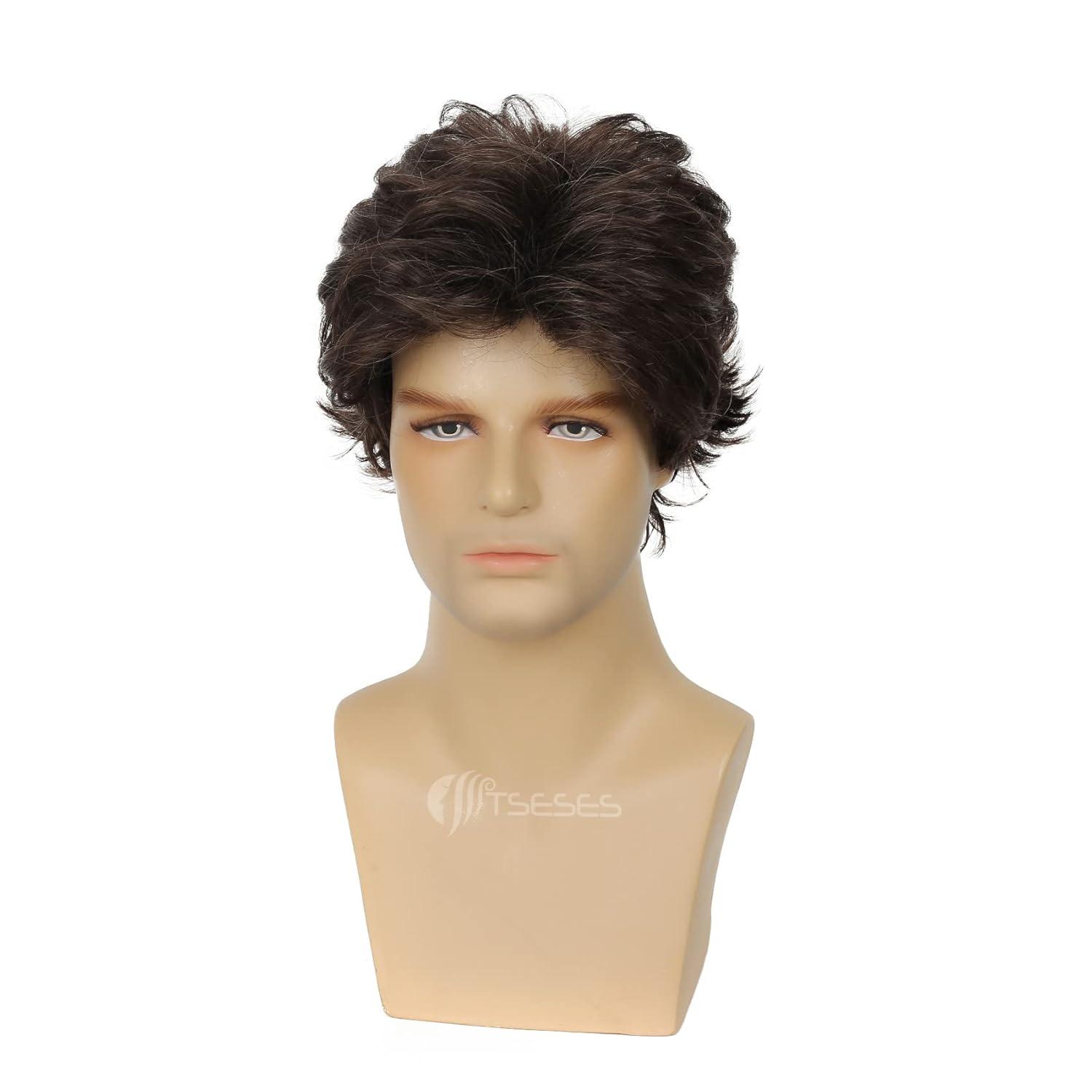 imageMens Black Wig Short Middle Part Men Wigs Natural Synthetic Hair Mens Costume WigsBlackBrown Layered