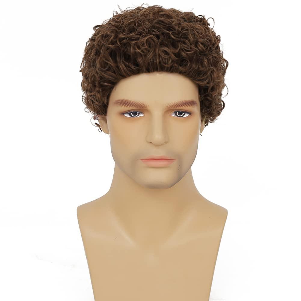 imageMens Brown Curly Wigs Short Afro Rocker Wig Synthetic Daily Cosplay Party Costume Hair Wigs for Male GuysBrown
