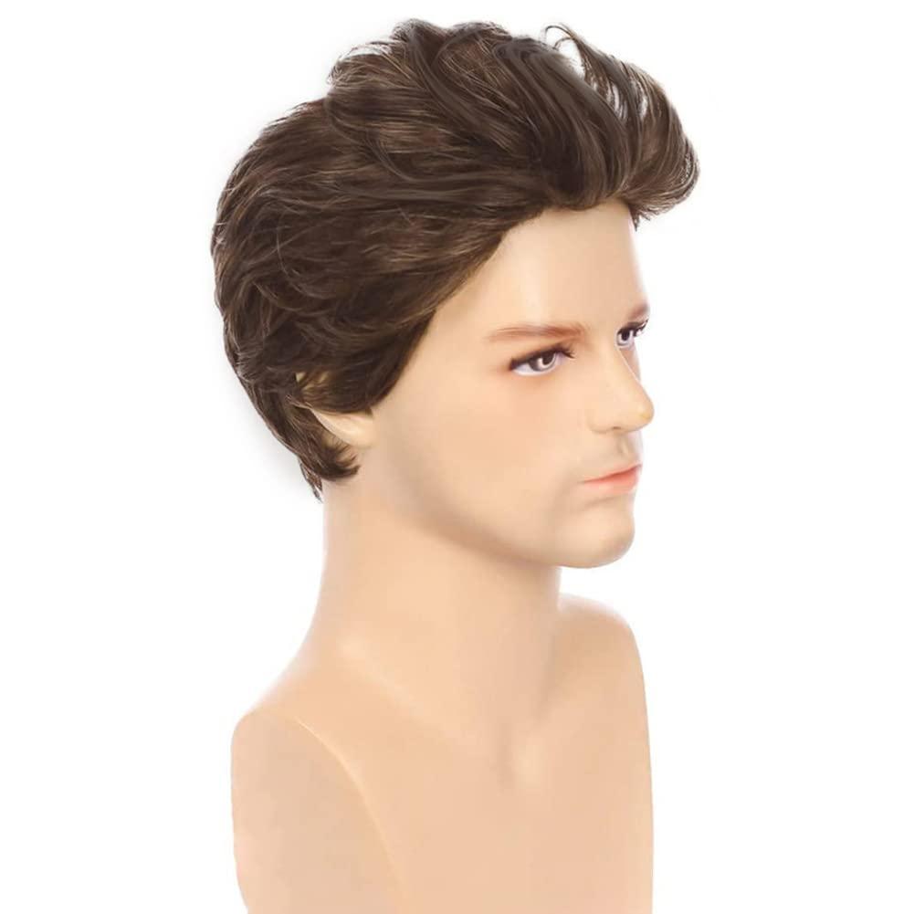 imageMens Brown Wig Short Layered Natural Synthetic Hair Heat Resistant Halloween Cosplay Costume Wigs for Male