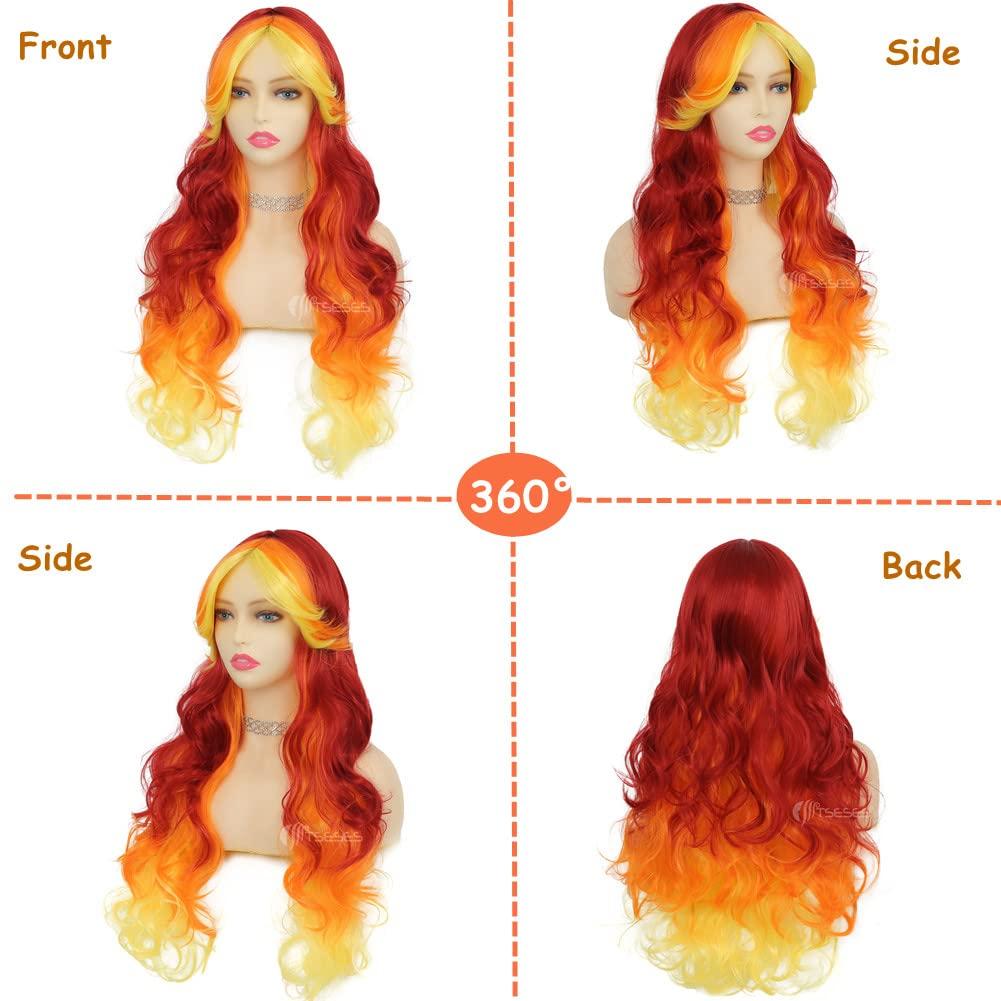 imageOrange Long Curly Wigs for Women with Bangs Natural Fluffy Wig Synthetic Ginger Hair Wig for Cosplay Halloween Useorange red