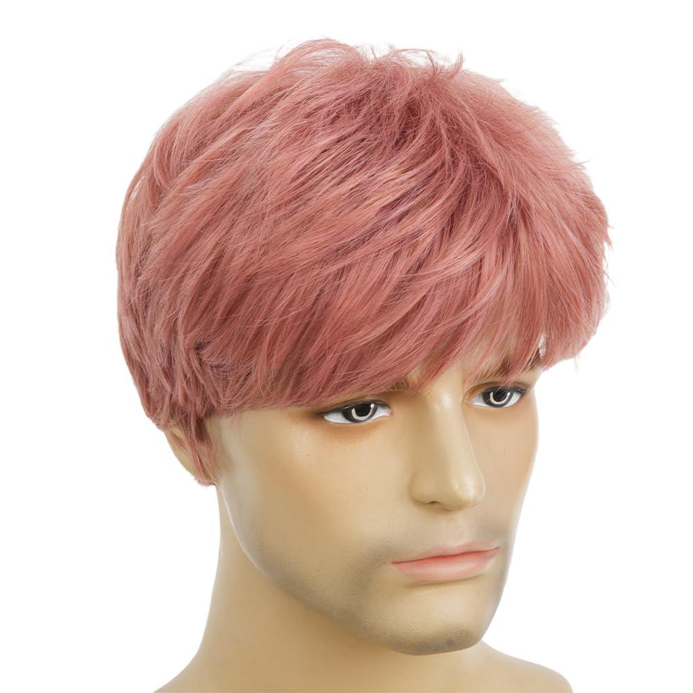 imageShort Green Wigs for Men Fluffy Synthetic Hair Heat Resistant Cosplay Anime costumes Male WigDark GreenPink