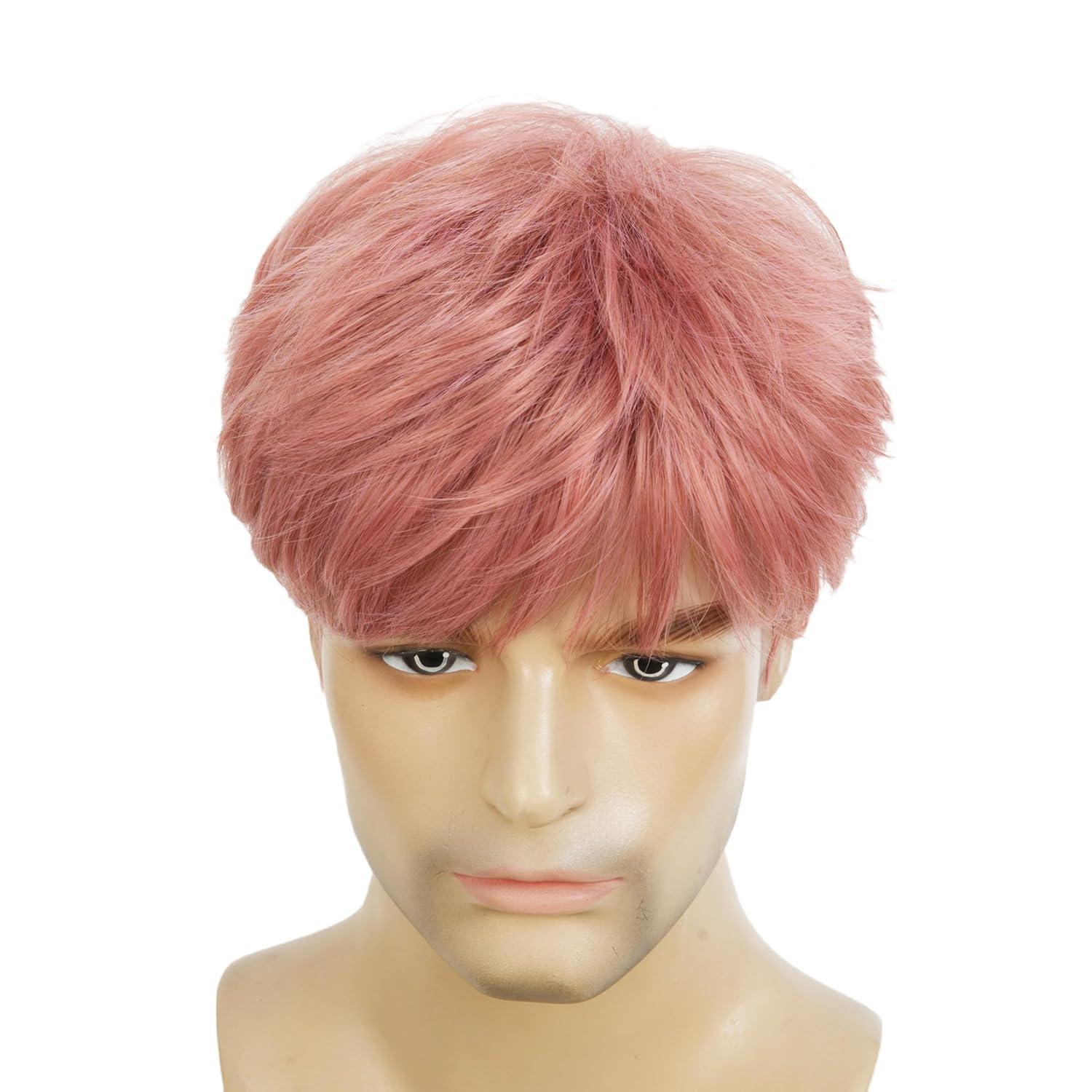 imageShort Green Wigs for Men Fluffy Synthetic Hair Heat Resistant Cosplay Anime costumes Male WigDark GreenPink