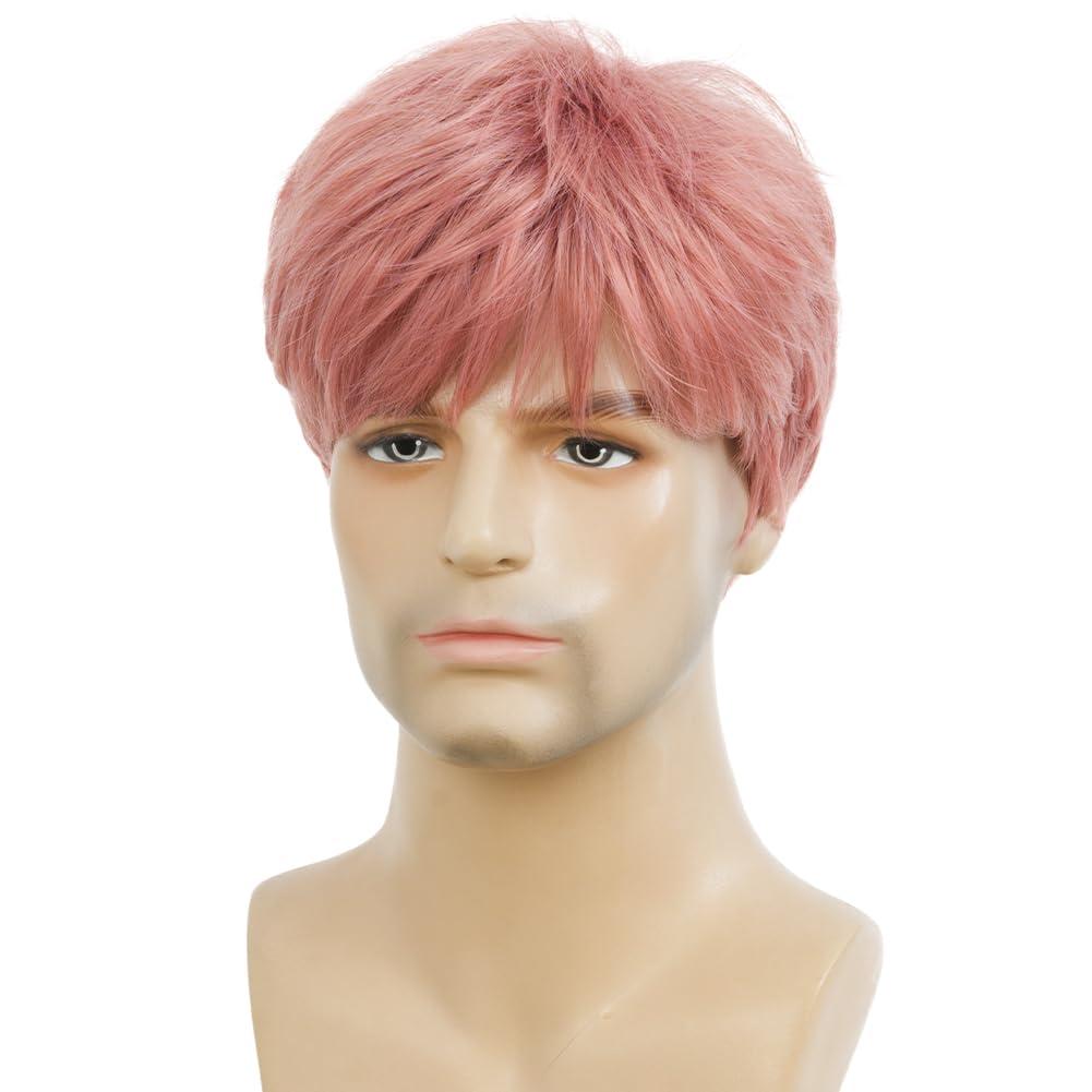 imageShort Green Wigs for Men Fluffy Synthetic Hair Heat Resistant Cosplay Anime costumes Male WigDark GreenPink