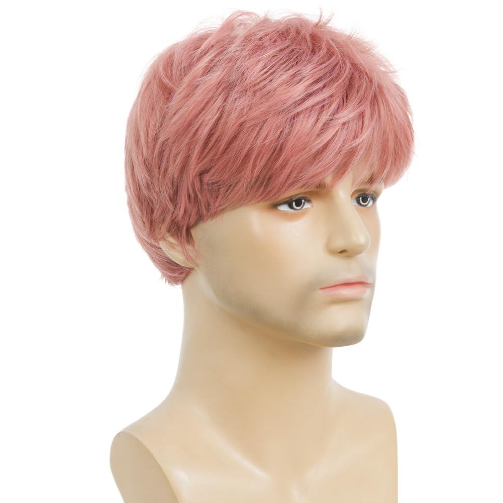 imageShort Green Wigs for Men Fluffy Synthetic Hair Heat Resistant Cosplay Anime costumes Male WigDark GreenPink
