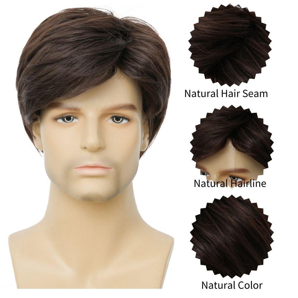 imageShort Grey Wigs for Men Natural Layered Synthetic Daily Halloween Gray Hair Wig for Male GuyBrown