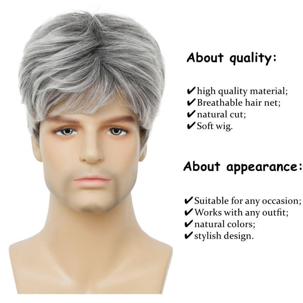 imageShort Grey Wigs for Men Natural Layered Synthetic Daily Halloween Gray Hair Wig for Male GuyGrey