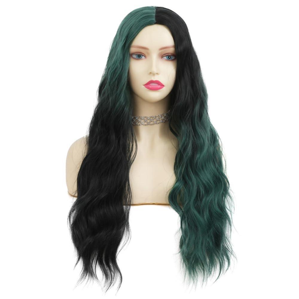 imageGreen Ombre Long Wavy Women Wigs Middle Part Wigs for Women Synthetic Wig Daily Party UseBlack and Green