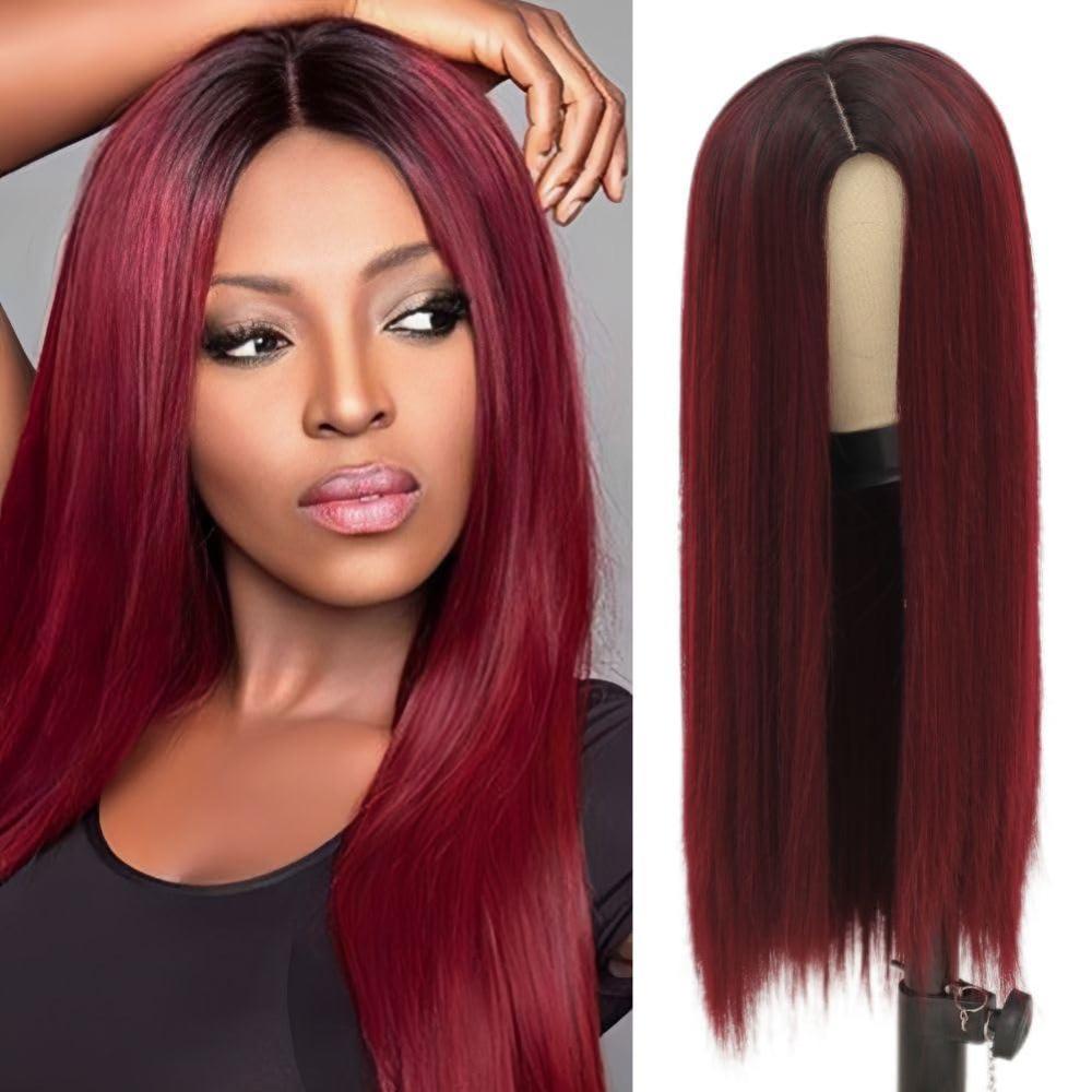 imageGreen Ombre Long Wavy Women Wigs Middle Part Wigs for Women Synthetic Wig Daily Party UseWine Red