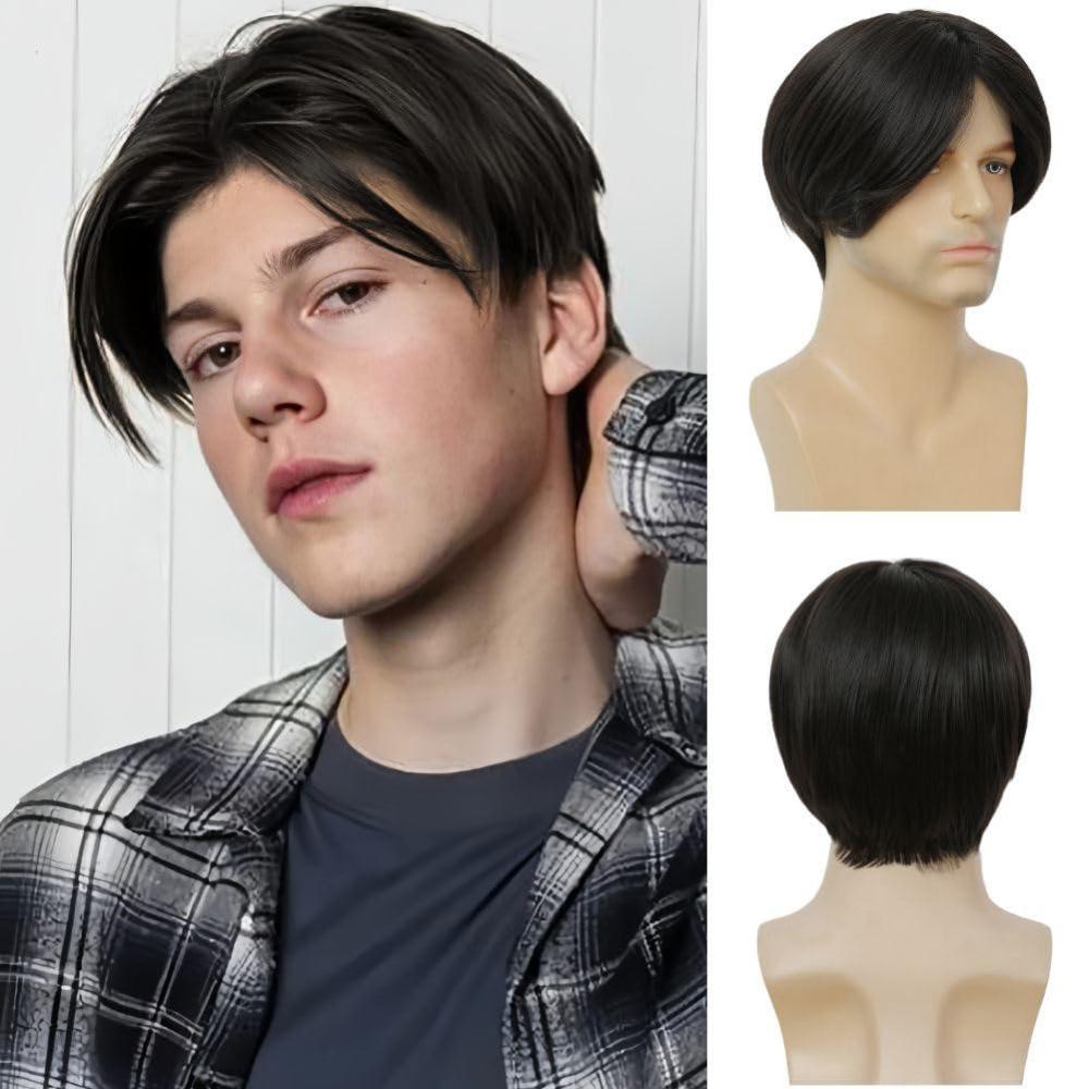 imageMens Black Wig Short Middle Part Men Wigs Natural Synthetic Hair Mens Costume WigsBlackBlack