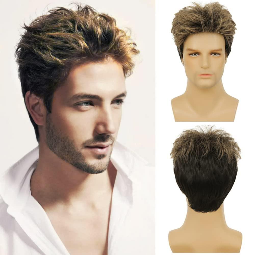imageMens Black Wig Short Middle Part Men Wigs Natural Synthetic Hair Mens Costume WigsBlackBlonde Mix Black