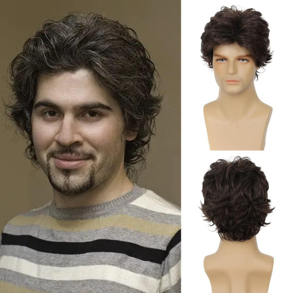 imageMens Black Wig Short Middle Part Men Wigs Natural Synthetic Hair Mens Costume WigsBlackBrown Layered