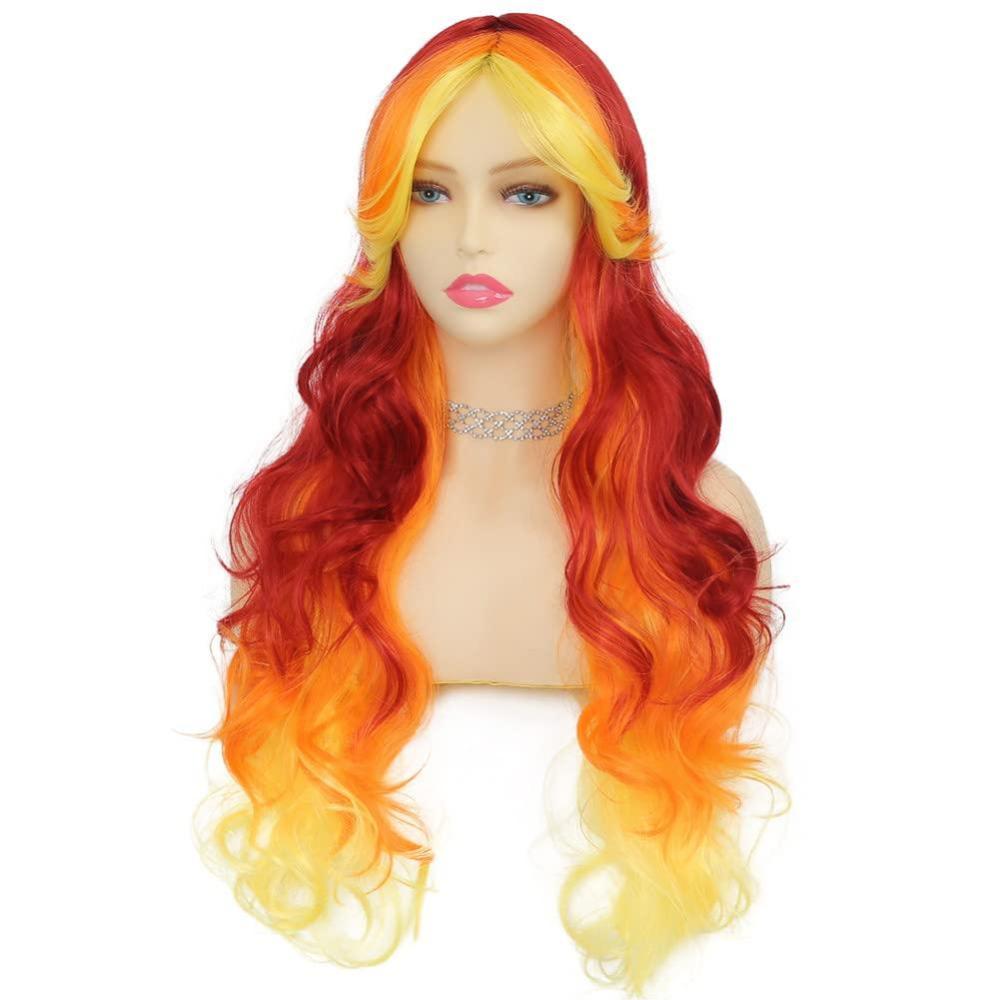 imageOrange Long Curly Wigs for Women with Bangs Natural Fluffy Wig Synthetic Ginger Hair Wig for Cosplay Halloween Useorange red