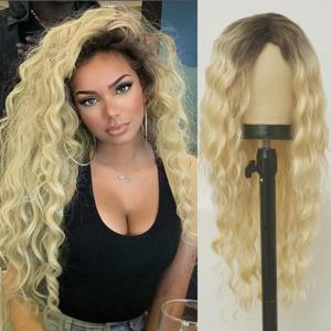Blonde Long Curly Wig for Women Synthetic Dark Roots Natural Fluffy Wavy Side Part Hair Wig for Daily