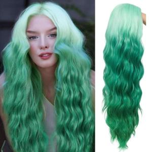 Green Ombre Long Wavy Women Wigs Middle Part Wigs for Women Synthetic Wig Daily Party Use(Green)