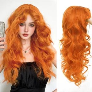 Orange Long Curly Wigs for Women with Bangs Natural Fluffy Wig Synthetic Ginger Hair Wig for Cosplay Halloween Use(Curly Orange)