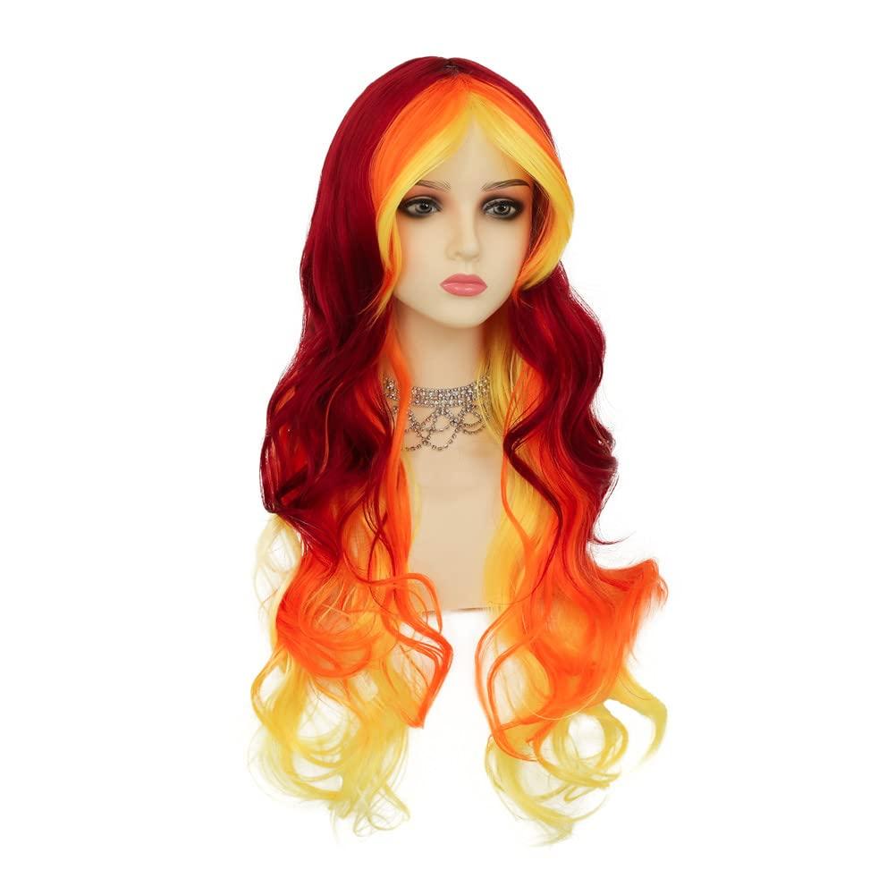 imageOrange Yellow and Red Wigs Colorful Long Curly Wavy Women Cosplay Costume Wigs Anime Halloween Party