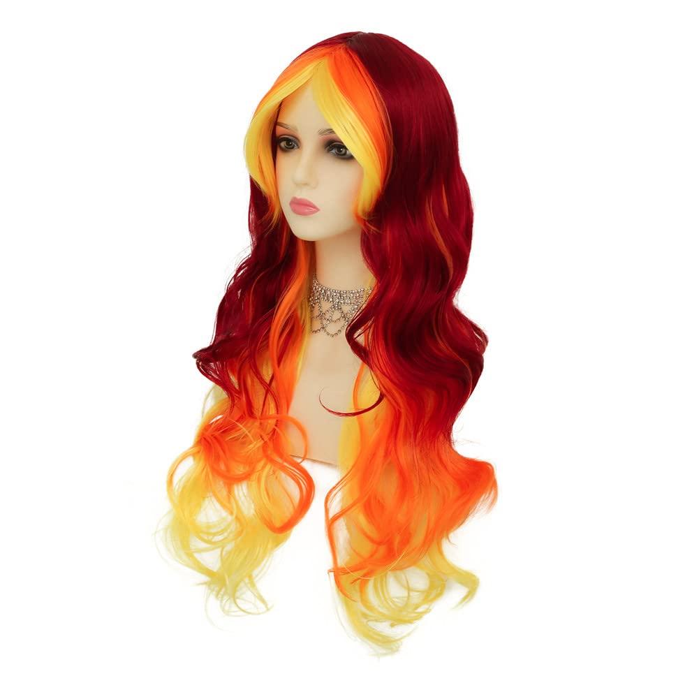 imageOrange Yellow and Red Wigs Colorful Long Curly Wavy Women Cosplay Costume Wigs Anime Halloween Party