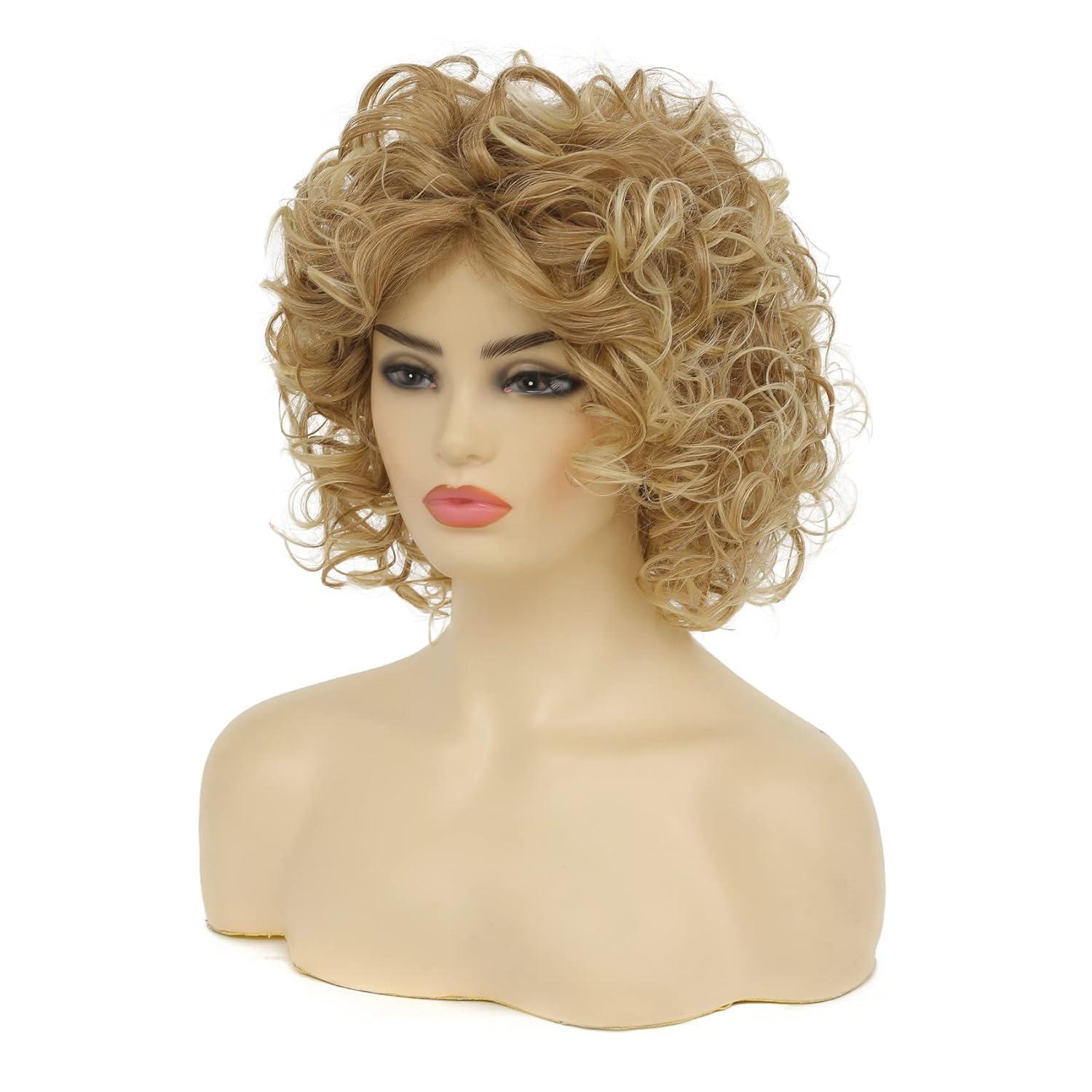 imageShort Blonde Curly Wig for White Women Natural Looking Synthetic Halloween Cosplay Costume Wig