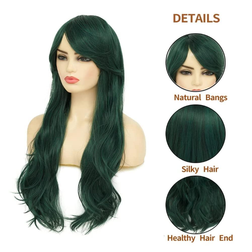 imageGreen Long Curly Wigs with Bangs for Women Natural Synthetic Heat Resistant Women Daily Halloween Costume WigGreen