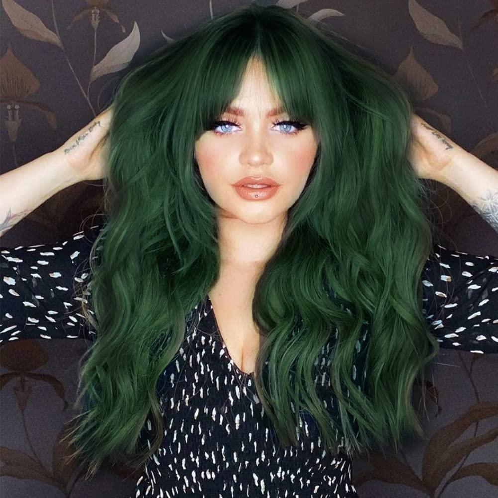 imageGreen Long Curly Wigs with Bangs for Women Natural Synthetic Heat Resistant Women Daily Halloween Costume WigGreen