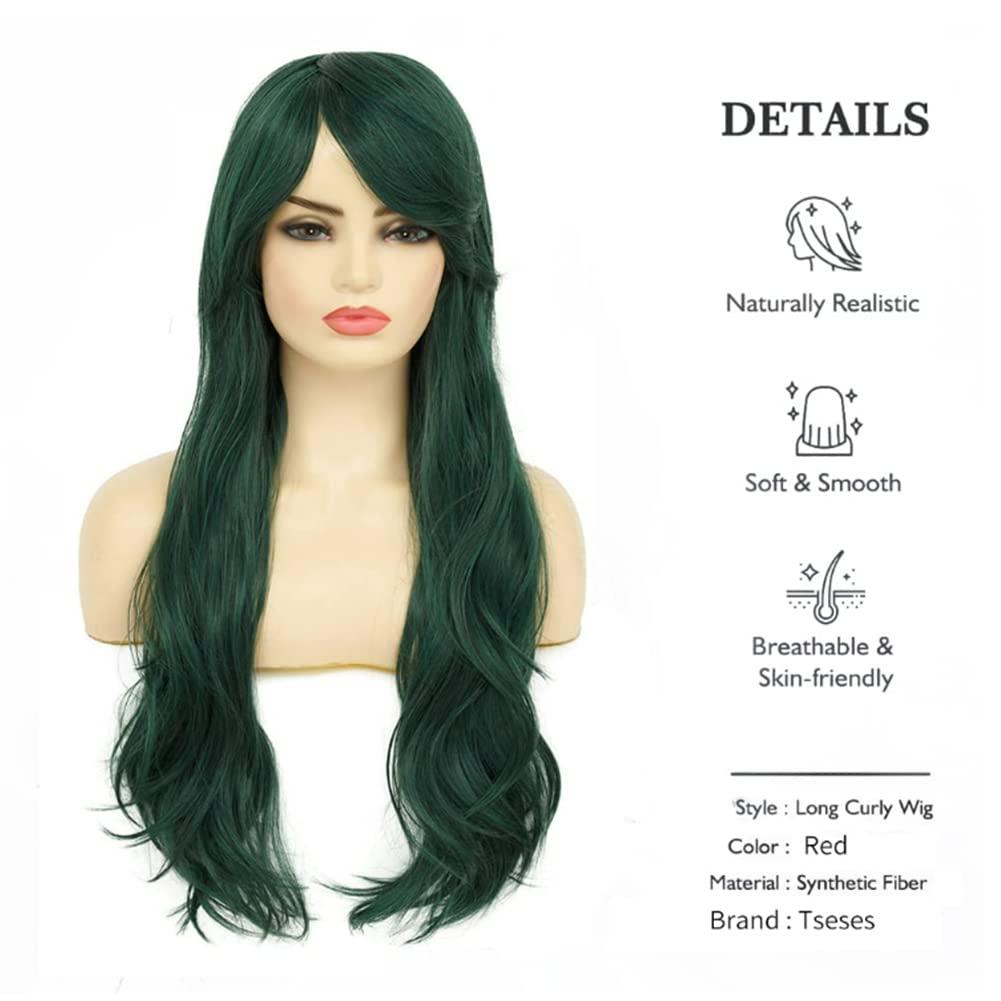 imageGreen Long Curly Wigs with Bangs for Women Natural Synthetic Heat Resistant Women Daily Halloween Costume WigGreen