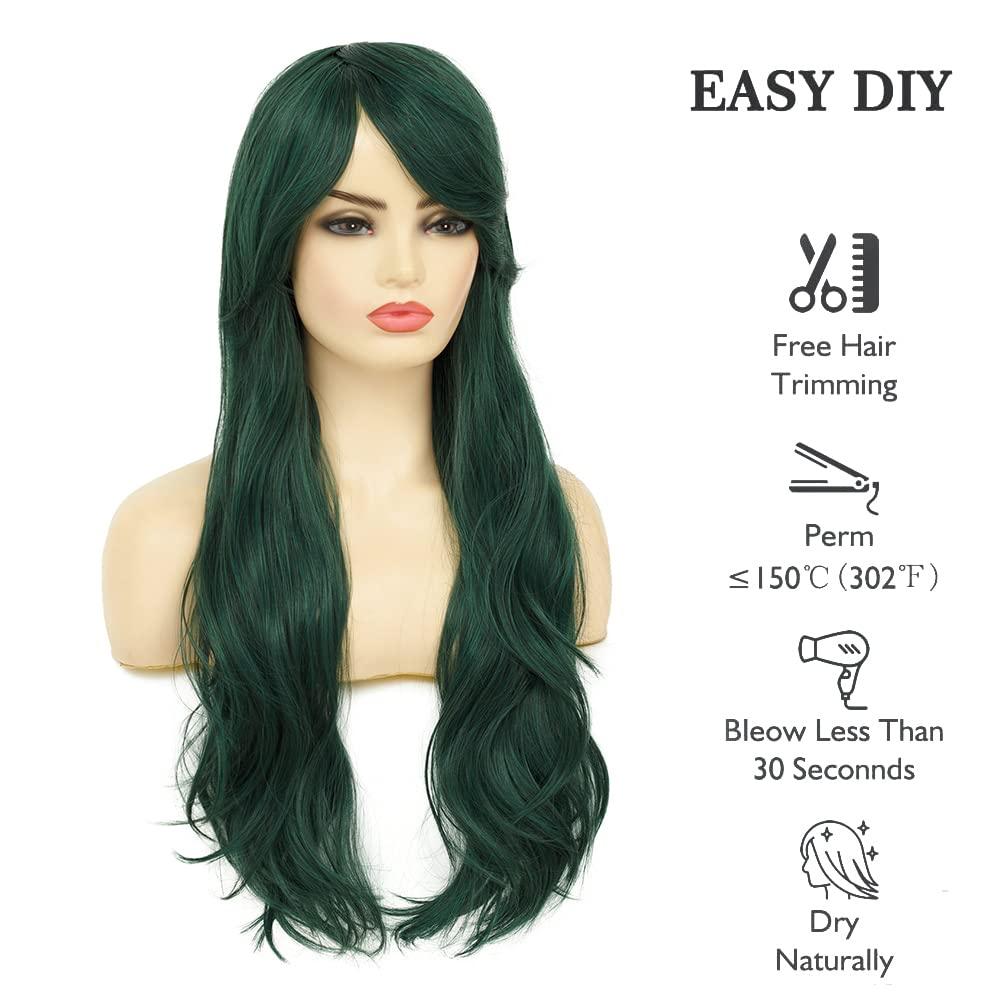imageGreen Long Curly Wigs with Bangs for Women Natural Synthetic Heat Resistant Women Daily Halloween Costume WigGreen