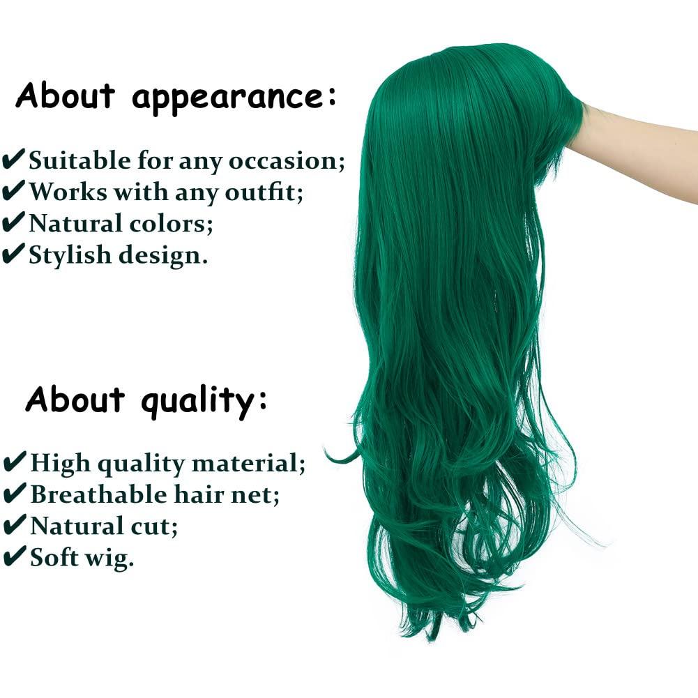 imageGreen Long Curly Wigs with Bangs for Women Natural Synthetic Heat Resistant Women Daily Halloween Costume WigGreen