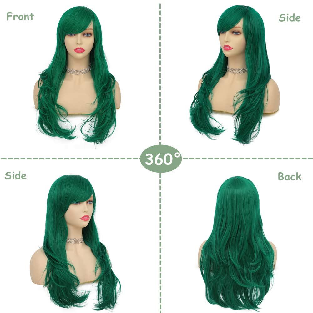 imageGreen Long Curly Wigs with Bangs for Women Natural Synthetic Heat Resistant Women Daily Halloween Costume WigGreen