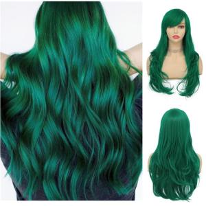 Green Long Curly Wigs with Bangs for Women Natural Synthetic Heat Resistant Women Daily Halloween Costume Wig(Green)