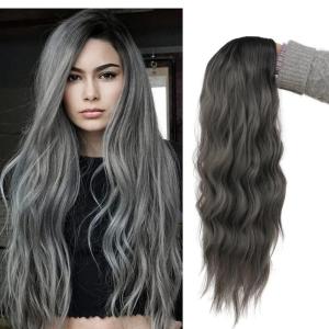 Long Purple Wigs for Women Side Part Wavy Curly Wigs Synthetic Heat Resistant Hair Replacement Wig for Daily Party Halloween Costume Use(Light Purple)(Ombre Grey)