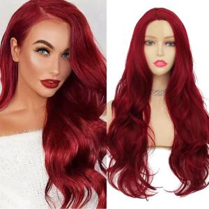 Long Purple Wigs for Women Side Part Wavy Curly Wigs Synthetic Heat Resistant Hair Replacement Wig for Daily Party Halloween Costume Use(Light Purple)(Red Lace)