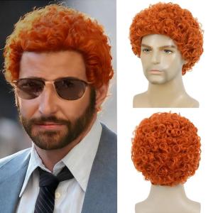 Orange Curly Short Afro Curly Wig for Men Guy California Mens Rocker Hair Cosplay Costume Daily Hair Synthetic Halloween Male Full Wigs（Orange）(Orange)