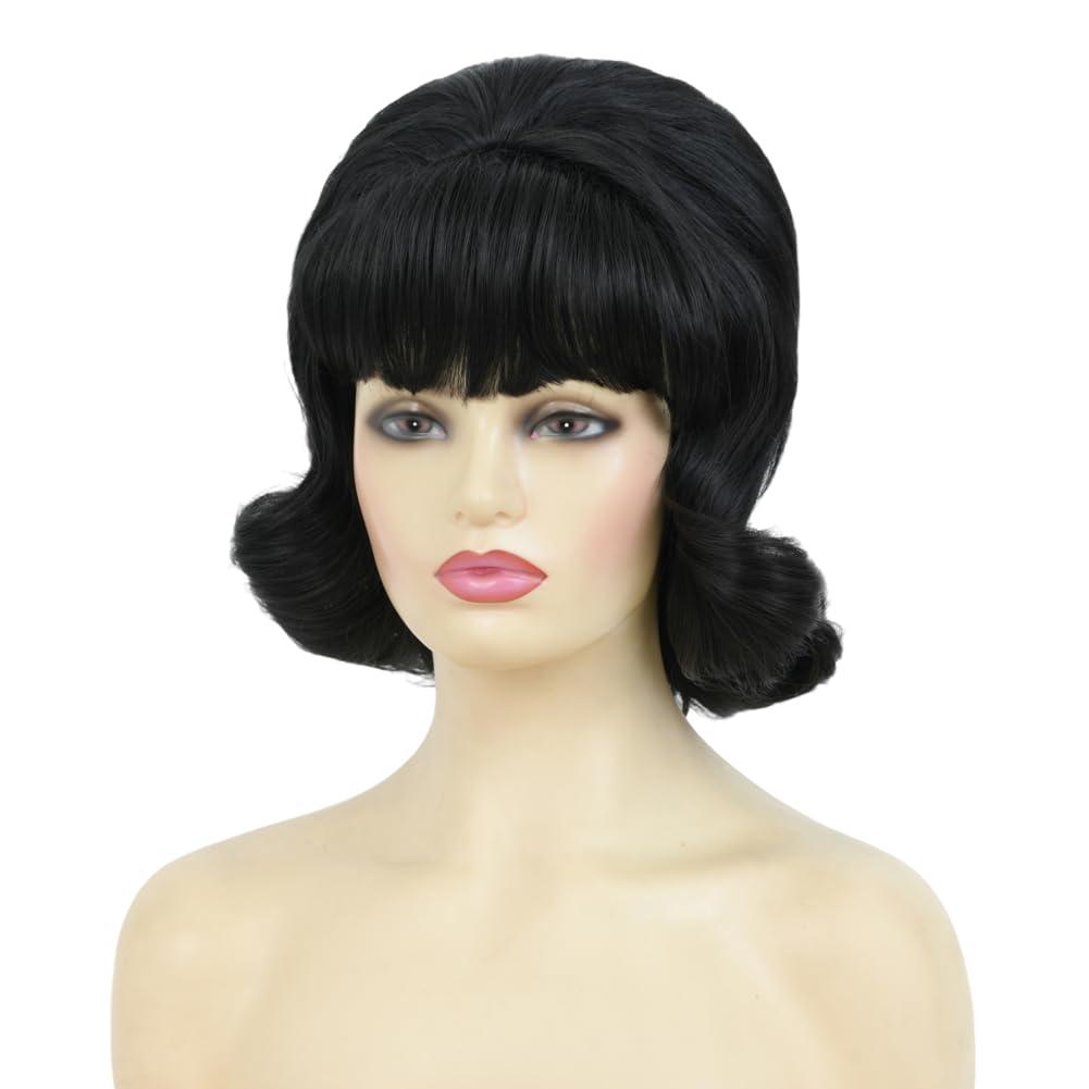 image:imageBrown Vintage Curly Wig for Women 50s 60s Beehive Retro Wig Costume Synthetic Hair Wig with Bangs for Cosplay Halloween Party UseShort Black