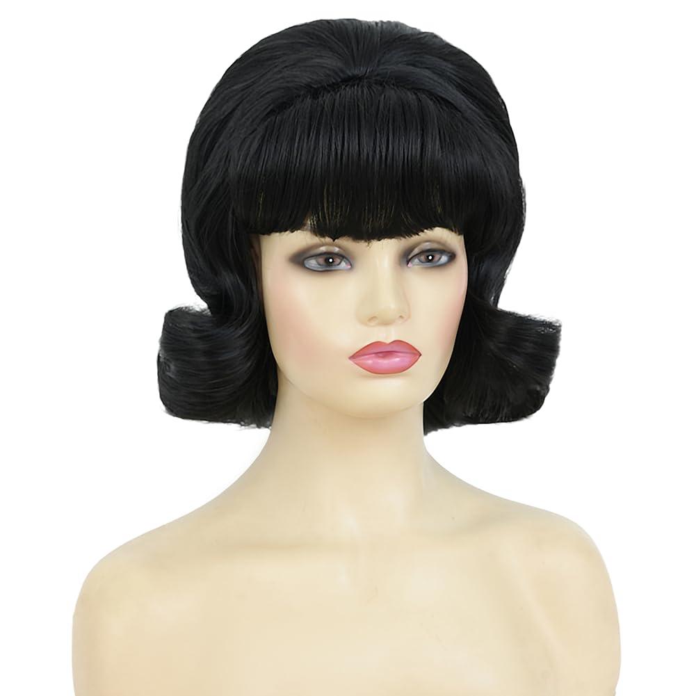image:imageBrown Vintage Curly Wig for Women 50s 60s Beehive Retro Wig Costume Synthetic Hair Wig with Bangs for Cosplay Halloween Party UseShort Black