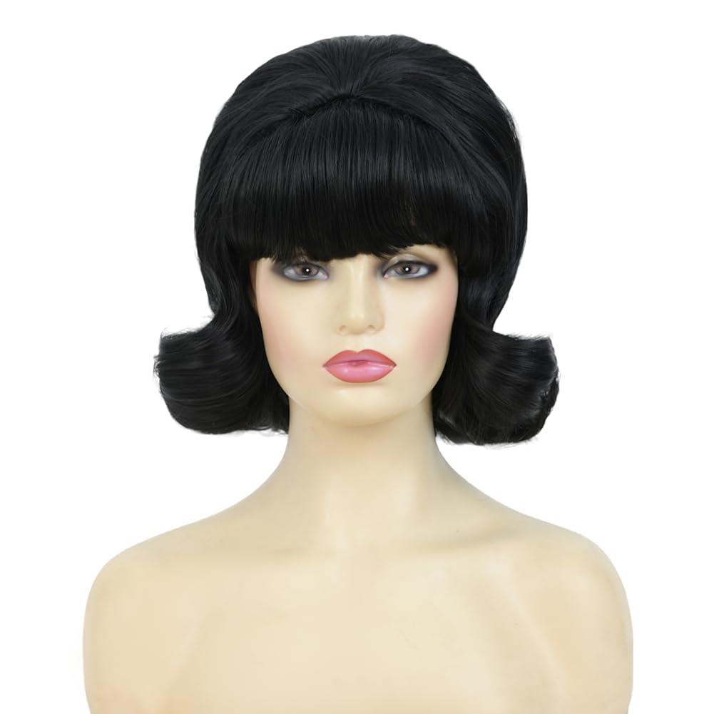 image:imageBrown Vintage Curly Wig for Women 50s 60s Beehive Retro Wig Costume Synthetic Hair Wig with Bangs for Cosplay Halloween Party UseShort Black