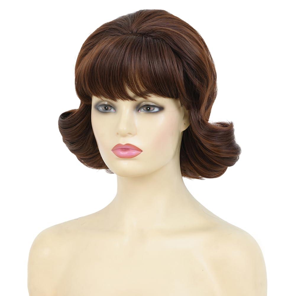image:imageBrown Vintage Curly Wig for Women 50s 60s Beehive Retro Wig Costume Synthetic Hair Wig with Bangs for Cosplay Halloween Party UseShort Brown