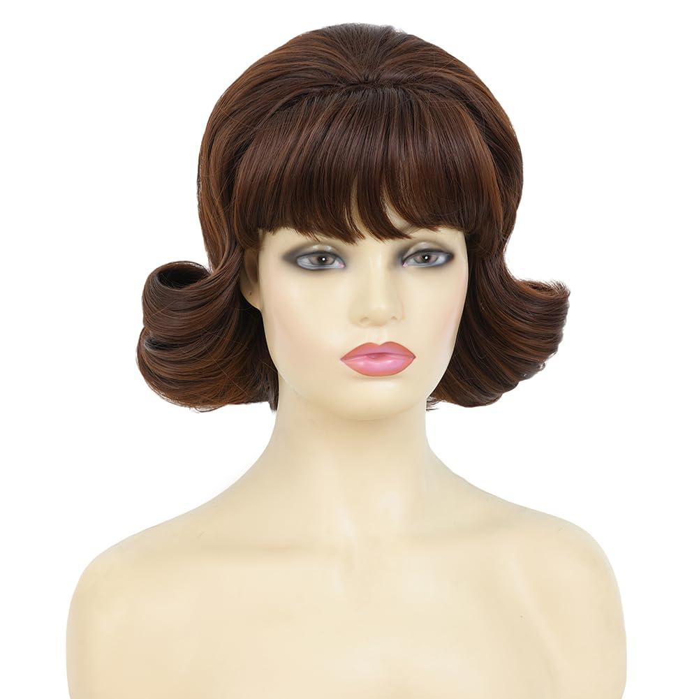 image:imageBrown Vintage Curly Wig for Women 50s 60s Beehive Retro Wig Costume Synthetic Hair Wig with Bangs for Cosplay Halloween Party UseShort Brown