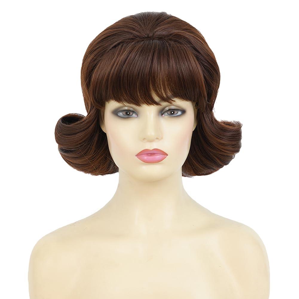 image:imageBrown Vintage Curly Wig for Women 50s 60s Beehive Retro Wig Costume Synthetic Hair Wig with Bangs for Cosplay Halloween Party UseShort Brown