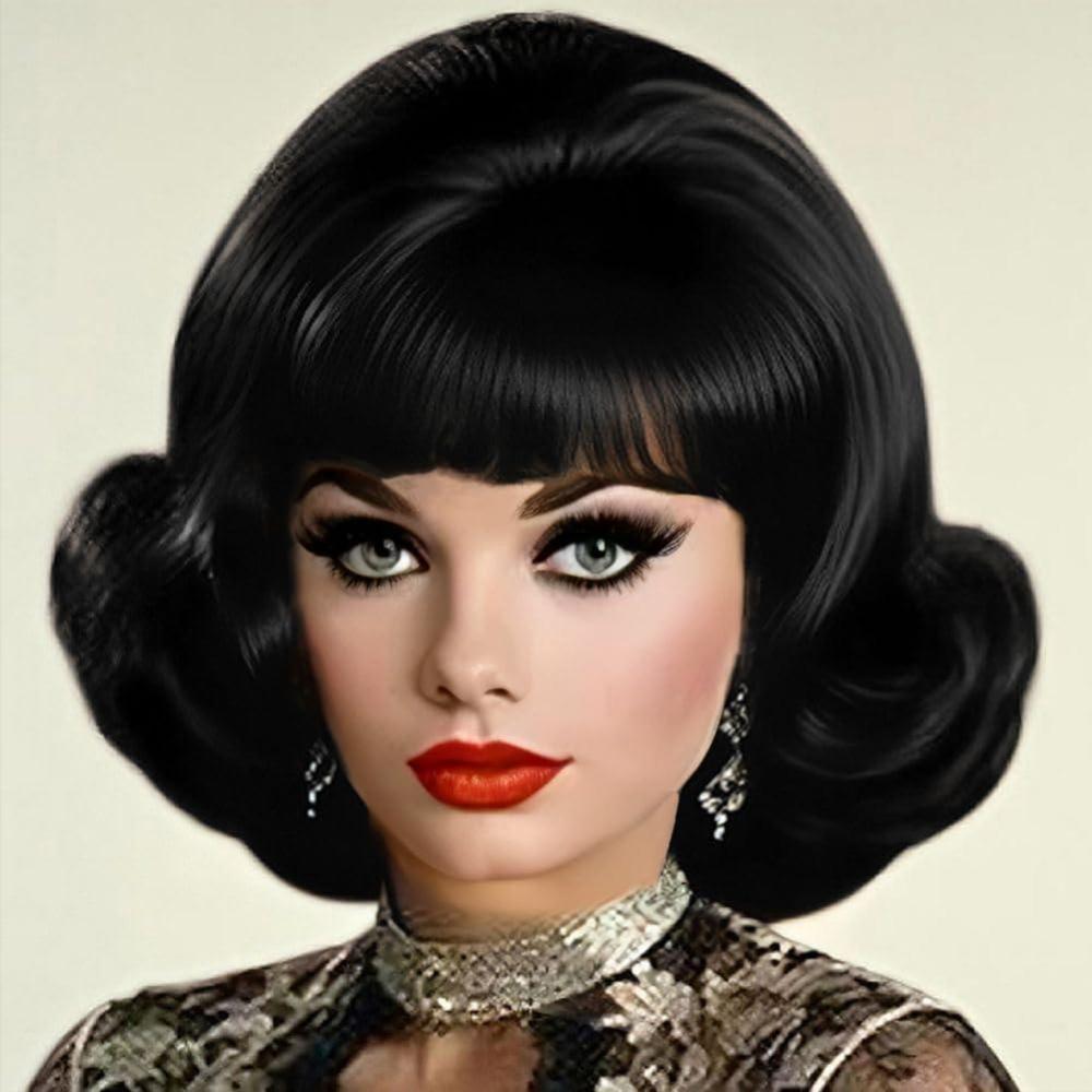 image:imageBrown Vintage Curly Wig for Women 50s 60s Beehive Retro Wig Costume Synthetic Hair Wig with Bangs for Cosplay Halloween Party UseShort Black